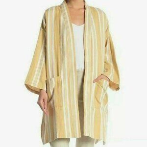 Eileen Fisher Reed Kimono Jacket Striped Organic Cotton Blazer Pocket Women L XL